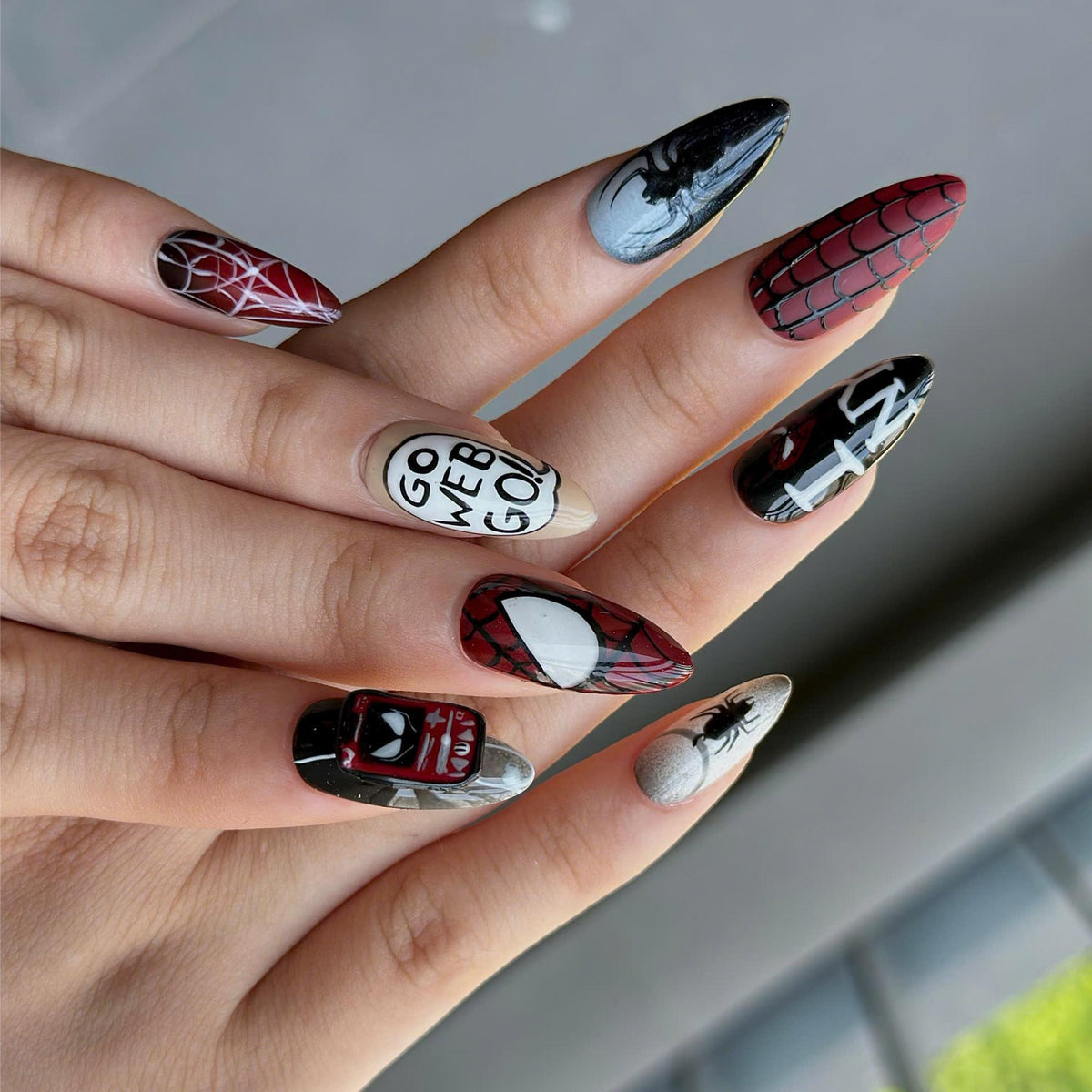 Spider Web Press On Nails with Comic Art | Red Black Superhero Almond Nails | Gothic Web Nail Art for Halloween & Cosplay | JB490UC