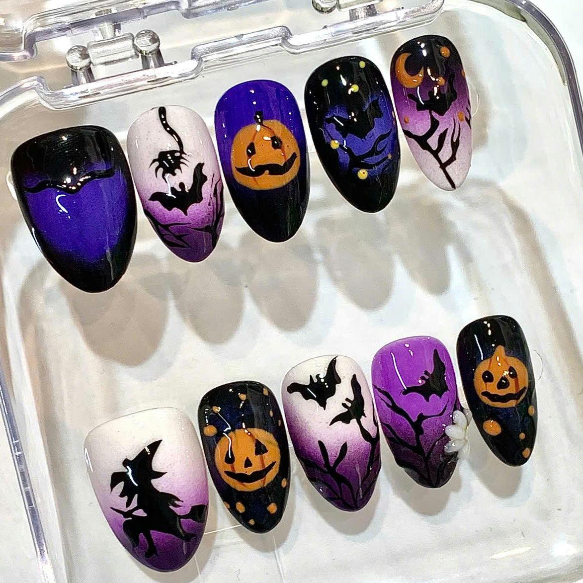 Handmade Halloween Press On Nails: Purple Black Ombre, Spooky Nail Art
