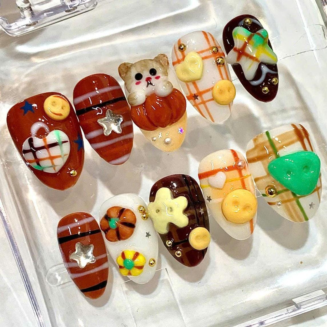 Kawaii Cookie Bear Press On Nails: 3D Autumn Nail Art
