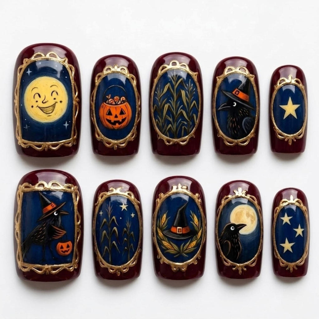 Vintage Cameo Art Press On Nails | Halloween Folktale | Gothic Dark Maroon Square Nails | Witch, Raven, Moon, Stars | Miniature Painting Art