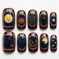 Vintage Cameo Art Press On Nails | Halloween Folktale | Gothic Dark Maroon Square Nails | Witch, Raven, Moon, Stars | Miniature Painting Art