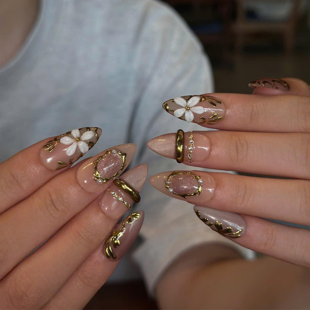 Vintage Floral Press On Nails with 3D Flower | Antique Gold Jewelry Nail Art | Elegant Nude Handmade Nails | JB519UA