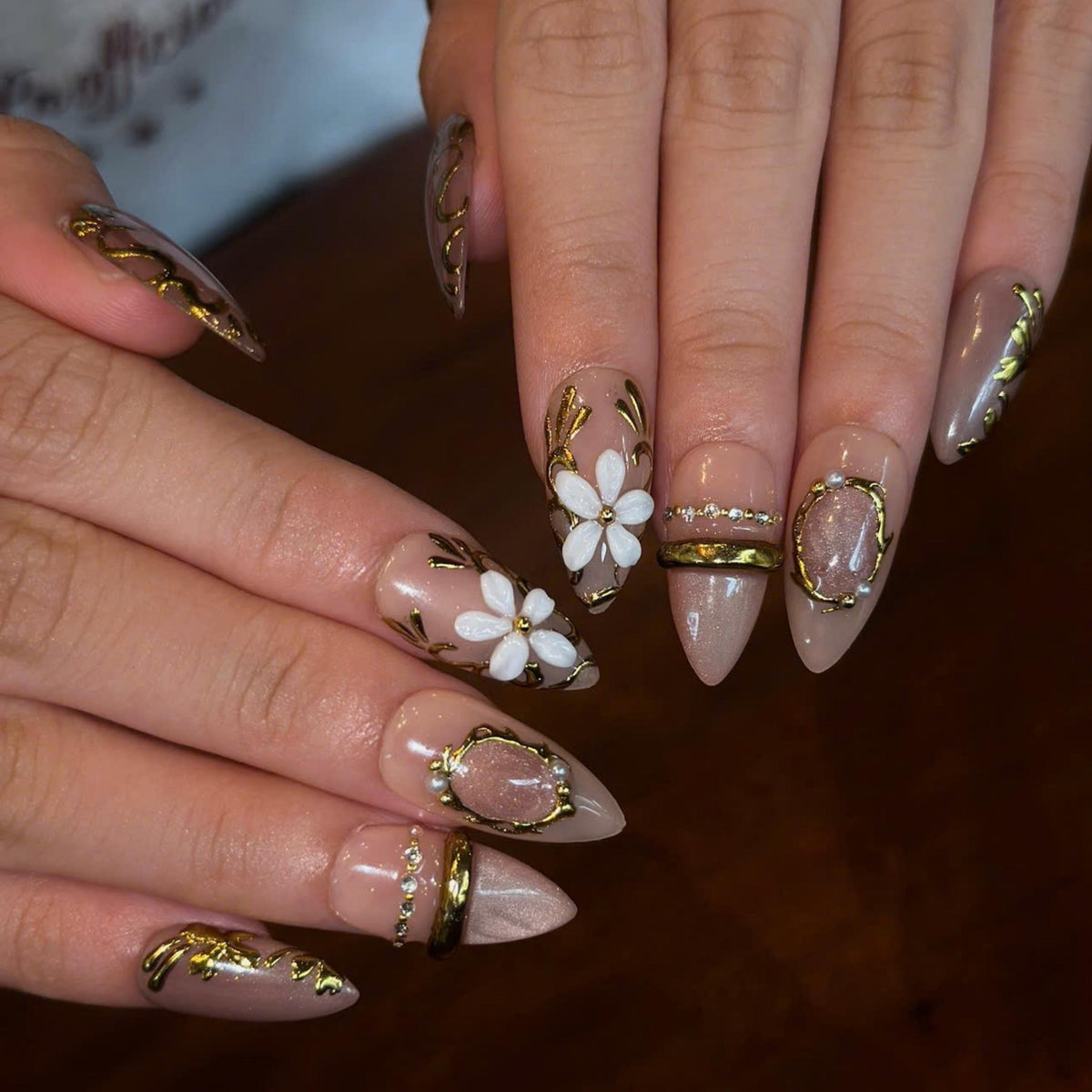 Vintage Floral Press On Nails with 3D Flower | Antique Gold Jewelry Nail Art | Elegant Nude Handmade Nails | JB519UA