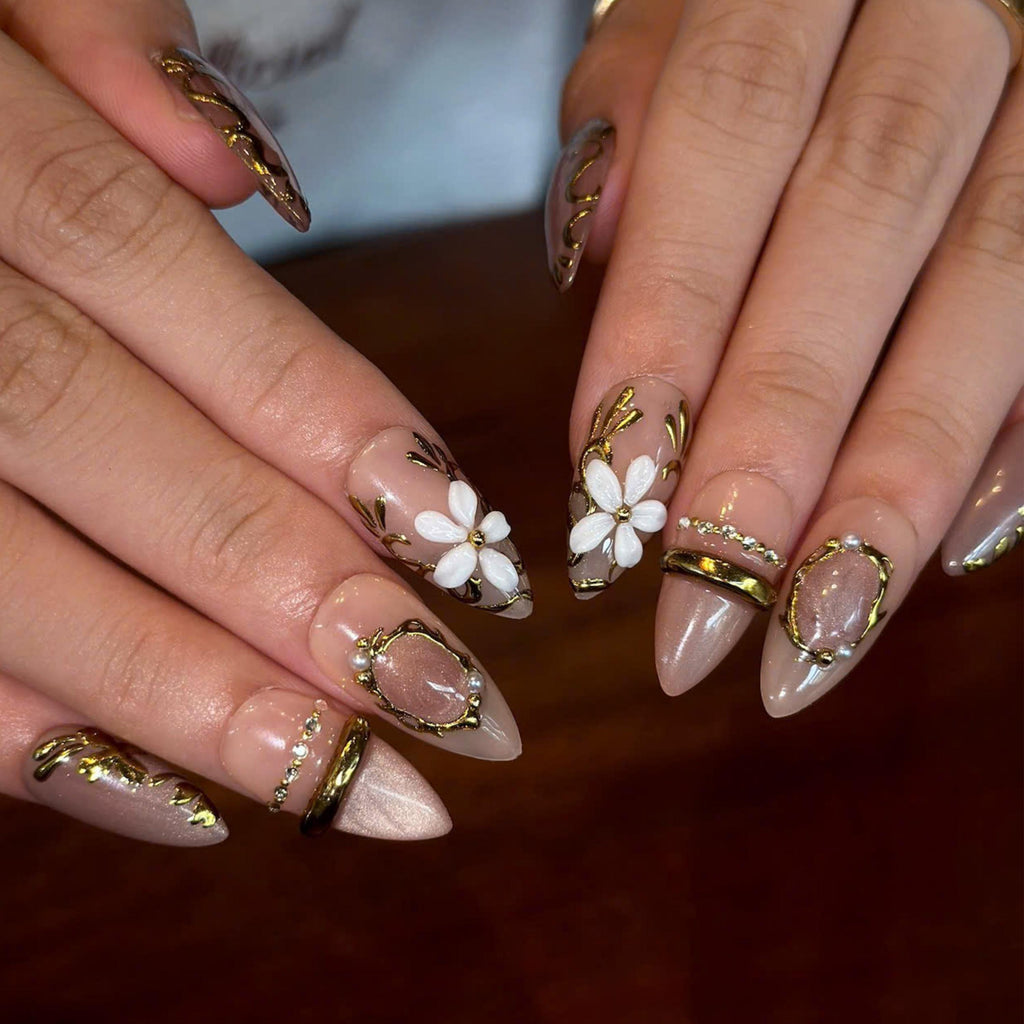 Vintage Floral Press On Nails with 3D Flower | Antique Gold Jewelry Nail Art | Elegant Nude Handmade Nails | JB519UA