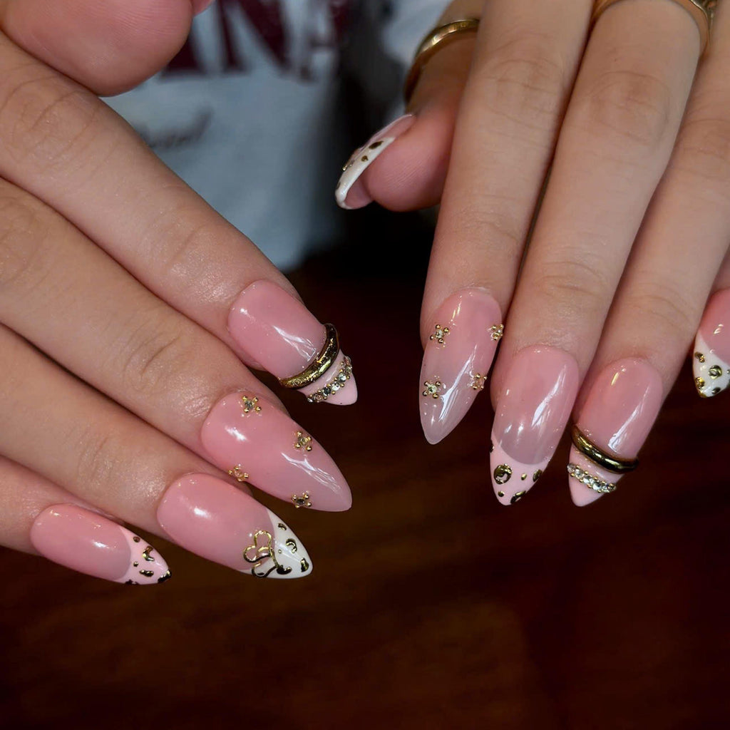 Pink Leopard Press On Nails with Gold Heart Charms | Animal Print French Tip Nails | 3D Rhinestone Handmade Nail Art | JB521UA
