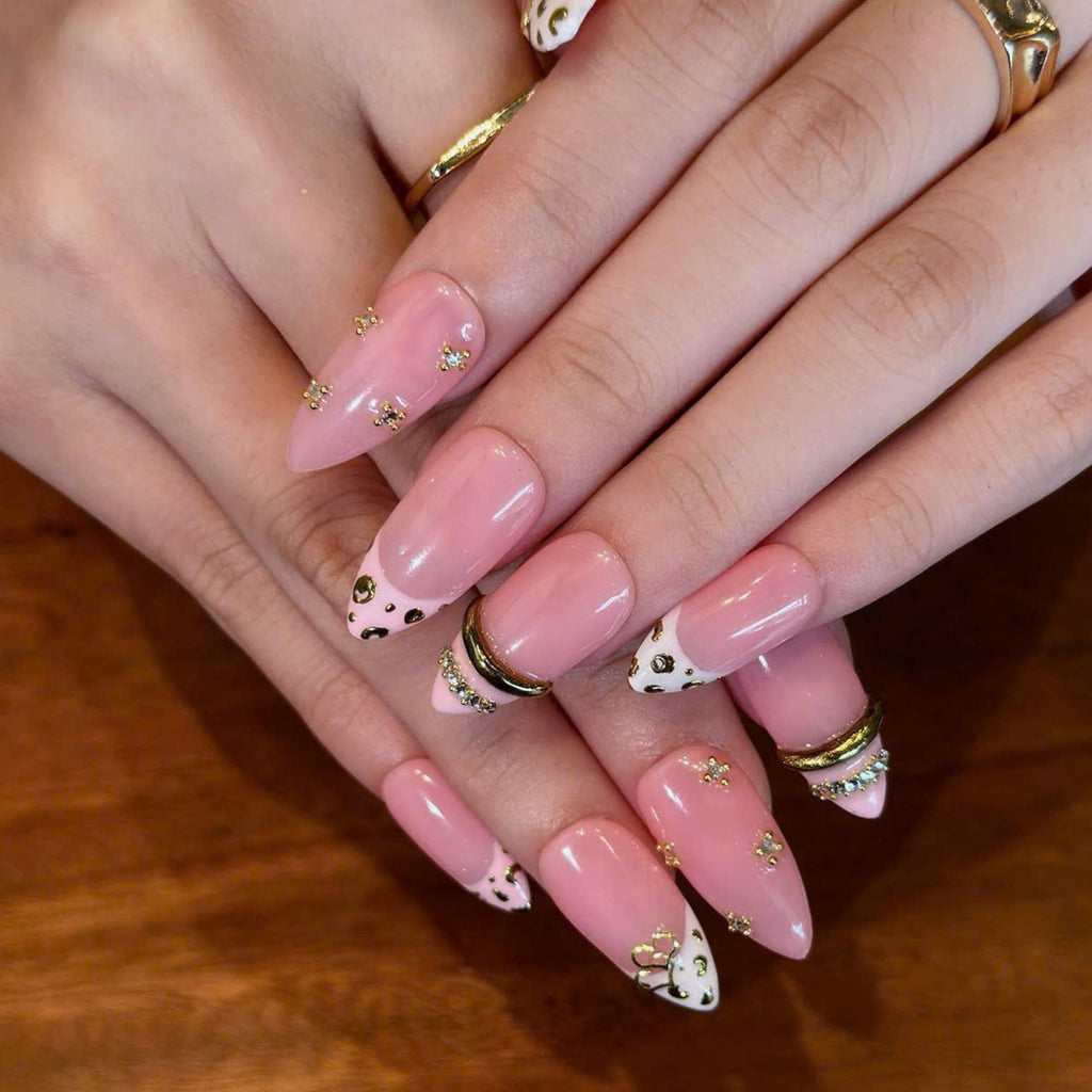 Pink Leopard Press On Nails with Gold Heart Charms | Animal Print French Tip Nails | 3D Rhinestone Handmade Nail Art | JB521UA