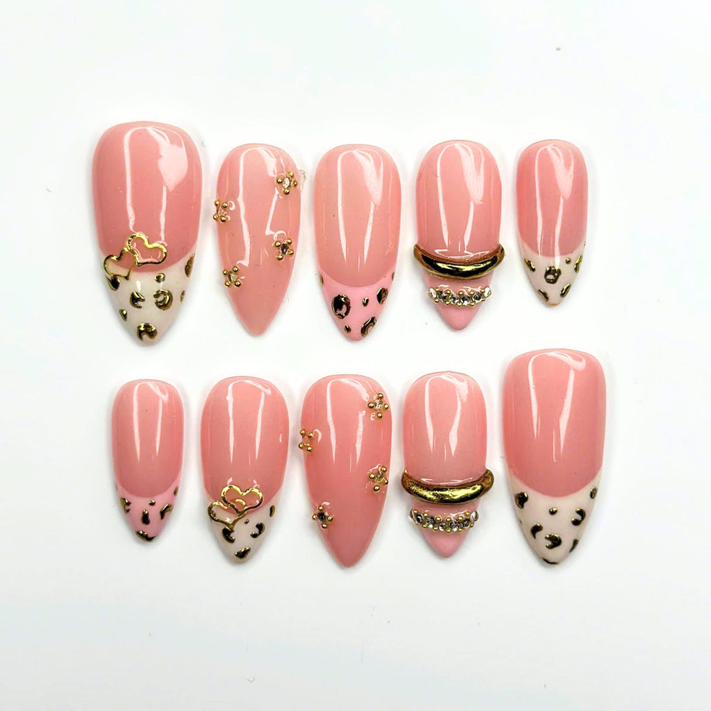 Pink Leopard Press On Nails with Gold Heart Charms | Animal Print French Tip Nails | 3D Rhinestone Handmade Nail Art | JB521UA