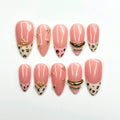 Pink Leopard Press On Nails with Gold Heart Charms | Animal Print French Tip Nails | 3D Rhinestone Handmade Nail Art | JB521UA