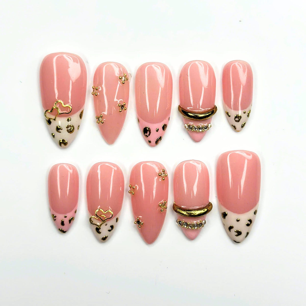 Pink Leopard Press On Nails with Gold Heart Charms | Animal Print French Tip Nails | 3D Rhinestone Handmade Nail Art | JB521UA