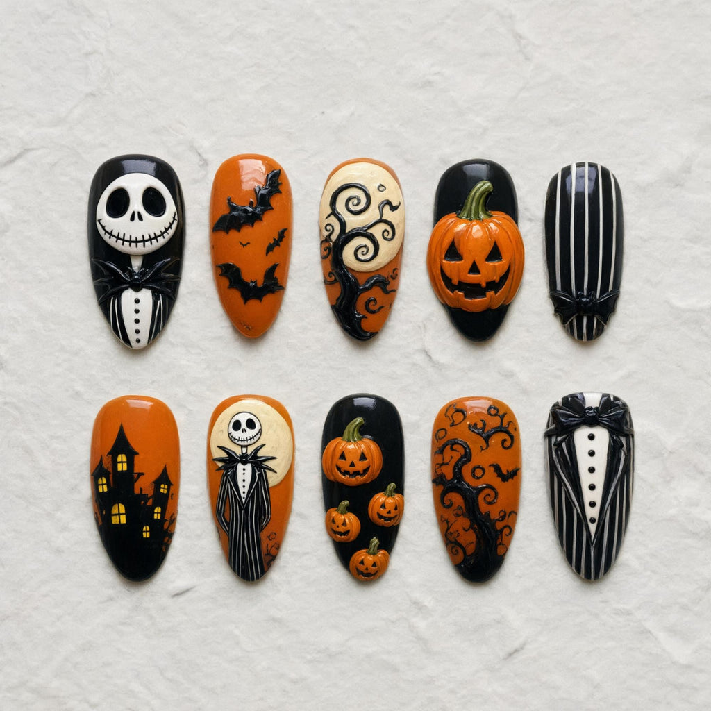 3D Press On Nails | Jack Skellington Halloween | Dark Gothic Oval Nail | Spooky Pumpkin Nail | Sculpted Gel Art Nail