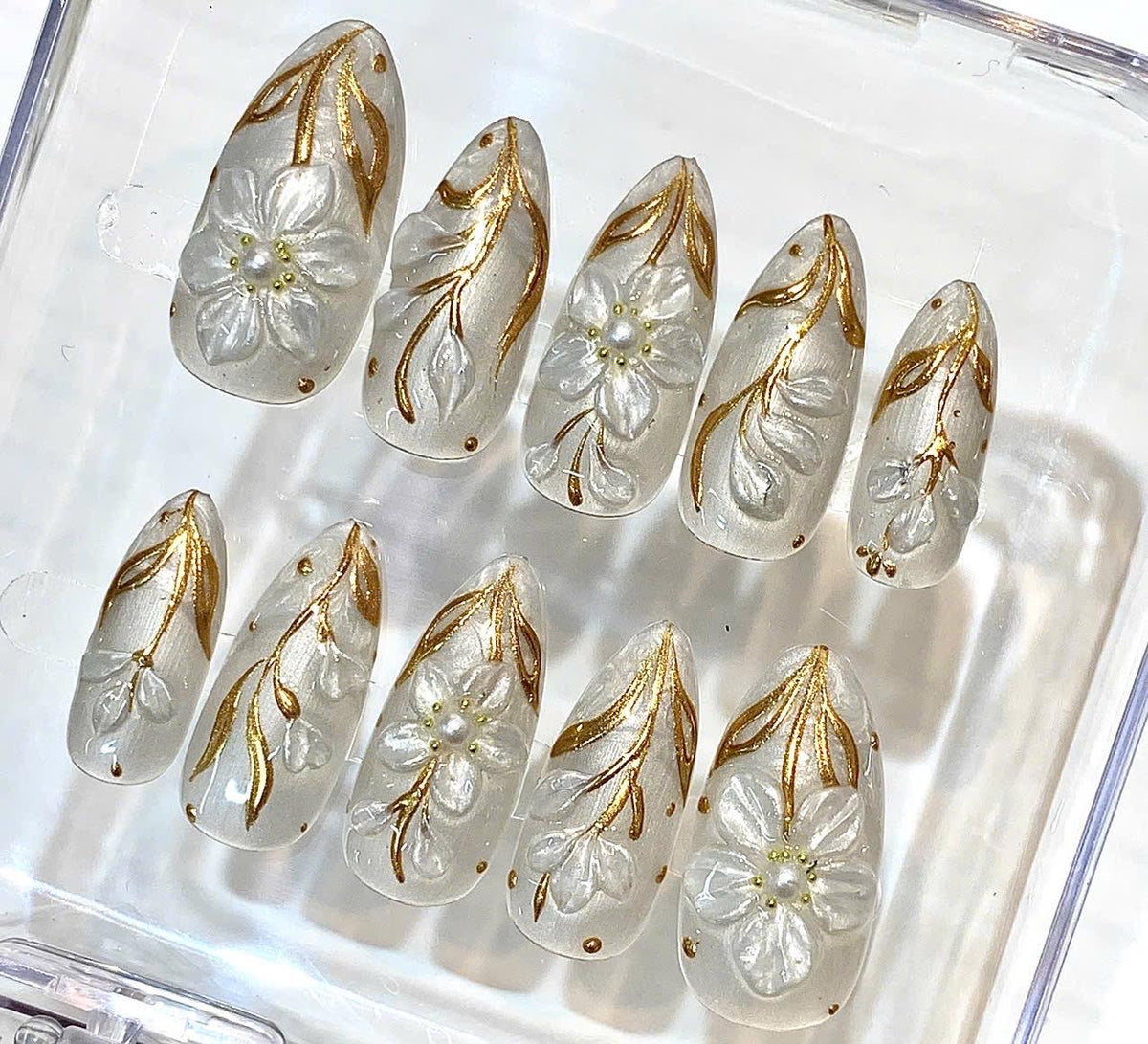 Pearly White Almond Press On Nails, Gold Floral 3D Bridal Wedding Set