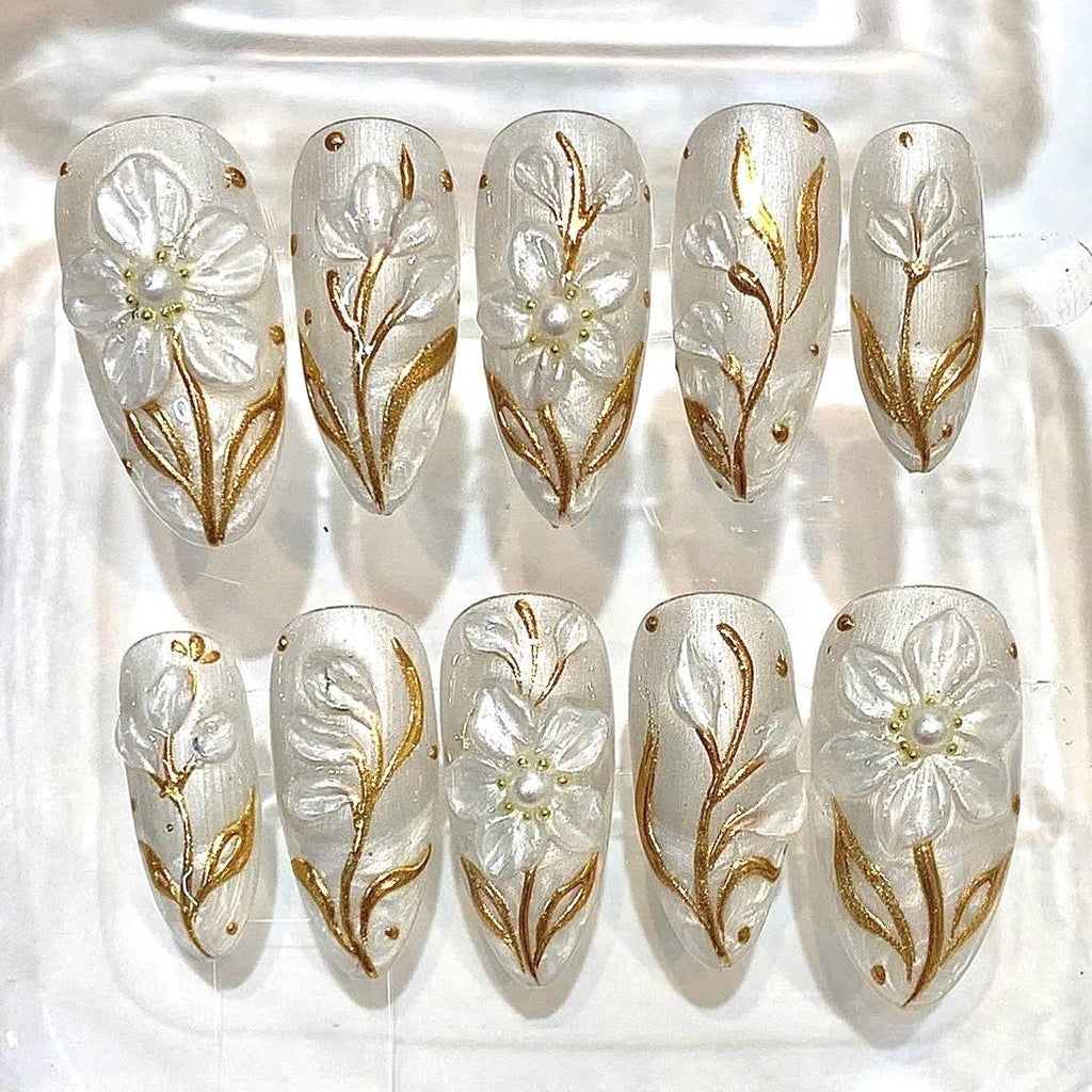 Pearly White Almond Press On Nails, Gold Floral 3D Bridal Wedding Set
