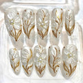 Pearly White Almond Press On Nails, Gold Floral 3D Bridal Wedding Set