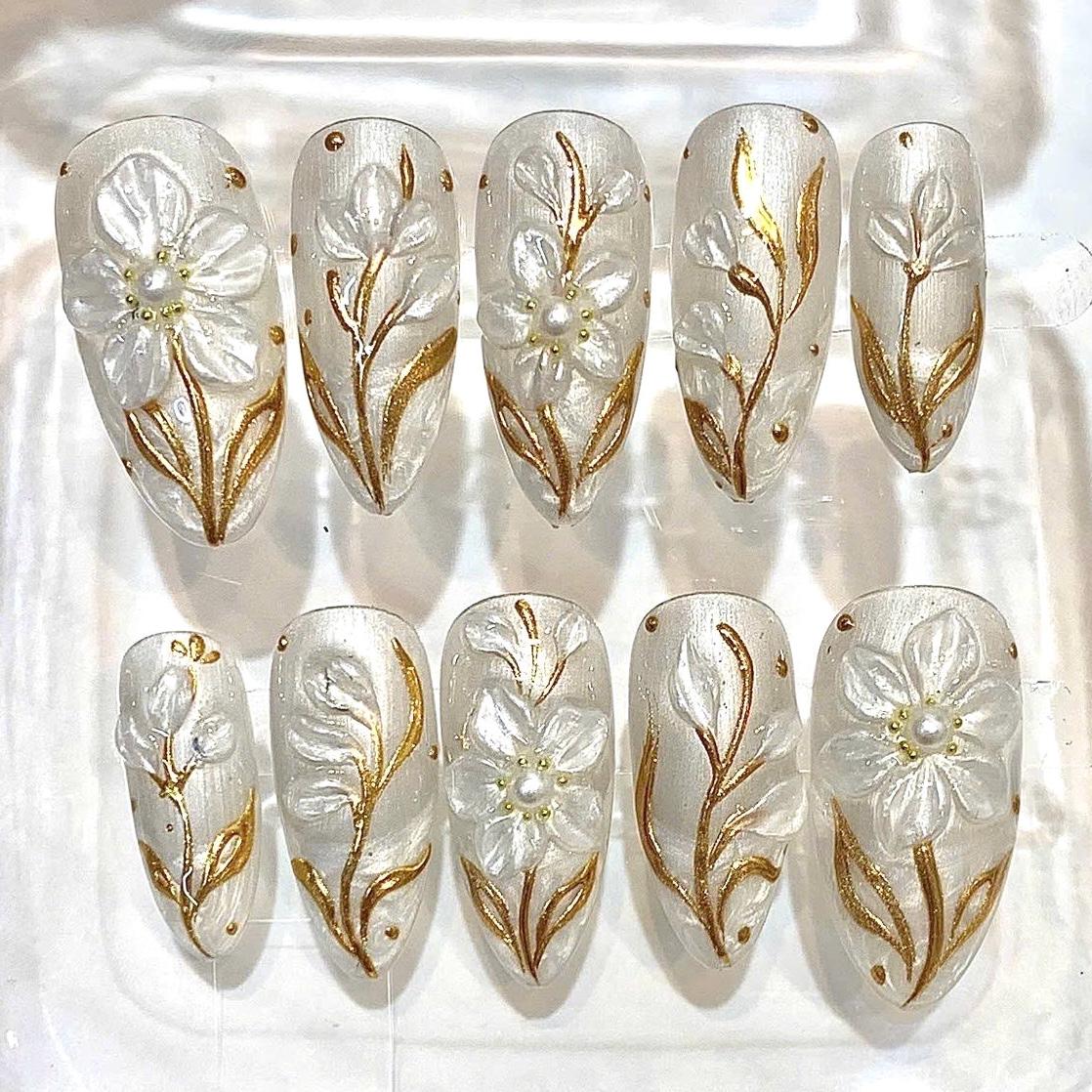 Pearly White Almond Press On Nails, Gold Floral 3D Bridal Wedding Set