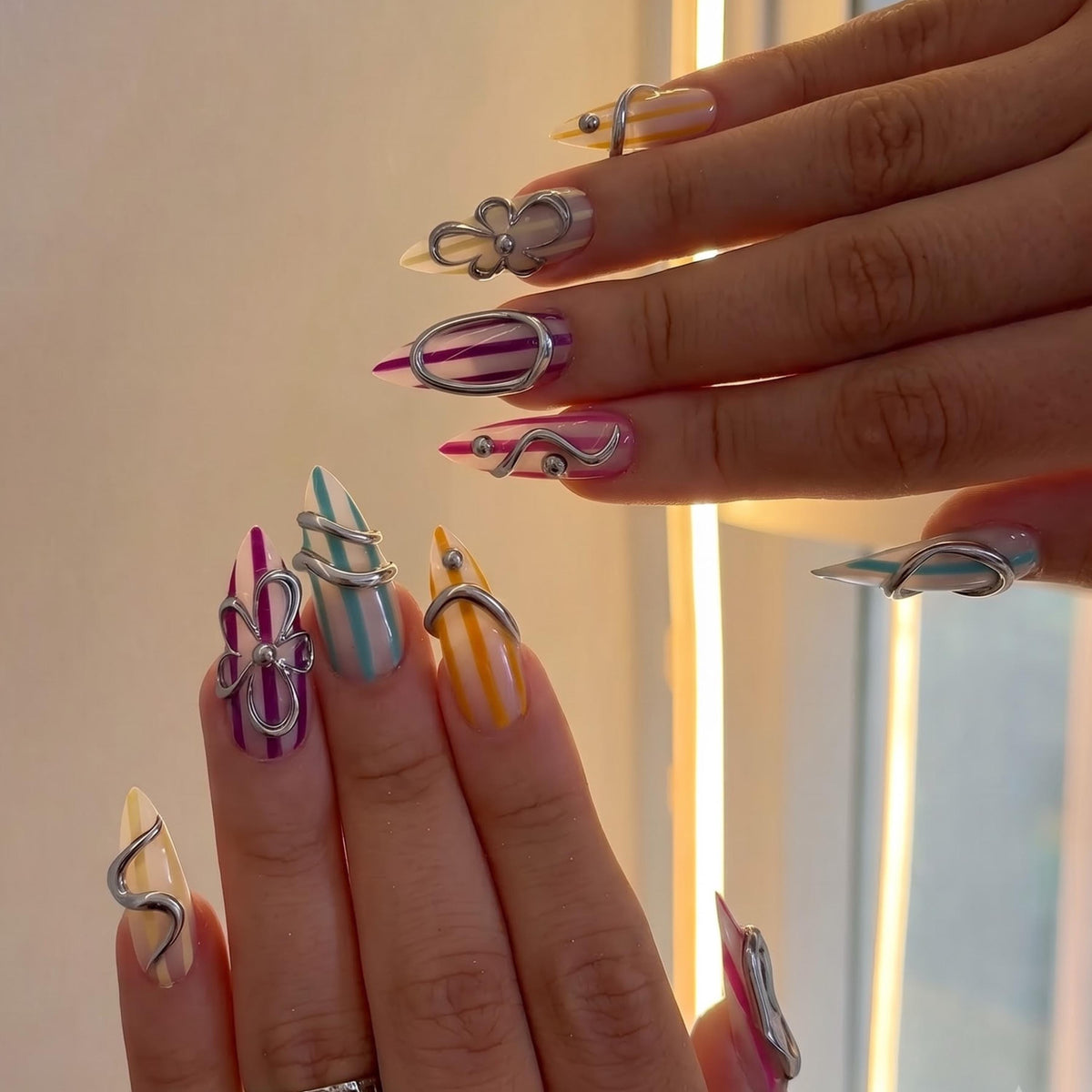 Silver Chrome Press On Nails with 3D Metallic Art , Purple Long Stiletto Nails , Futuristic Y2K Fake Nails for Party | JB493UC