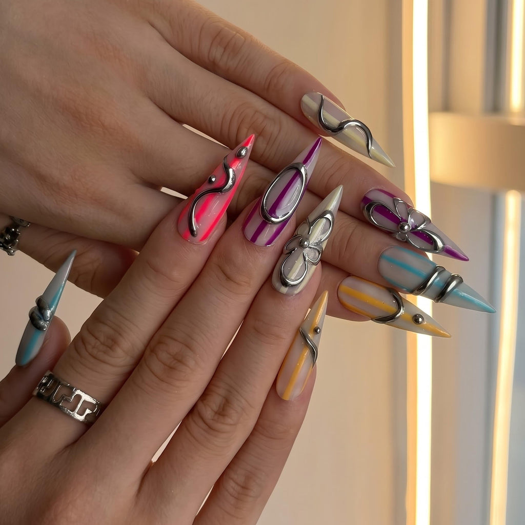 Silver Chrome Press On Nails with 3D Metallic Art , Purple Long Stiletto Nails , Futuristic Y2K Fake Nails for Party | JB493UC