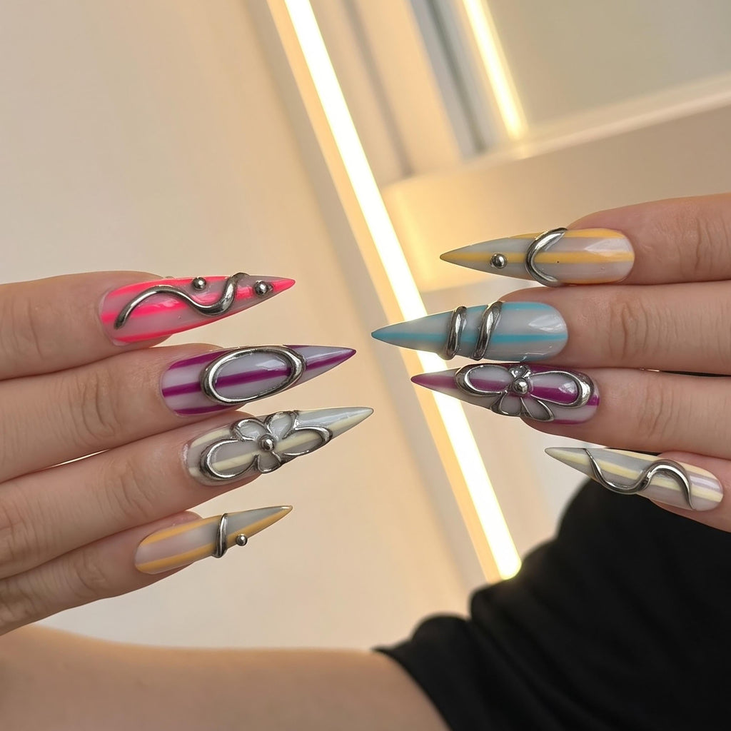 Silver Chrome Press On Nails with 3D Metallic Art , Purple Long Stiletto Nails , Futuristic Y2K Fake Nails for Party | JB493UC