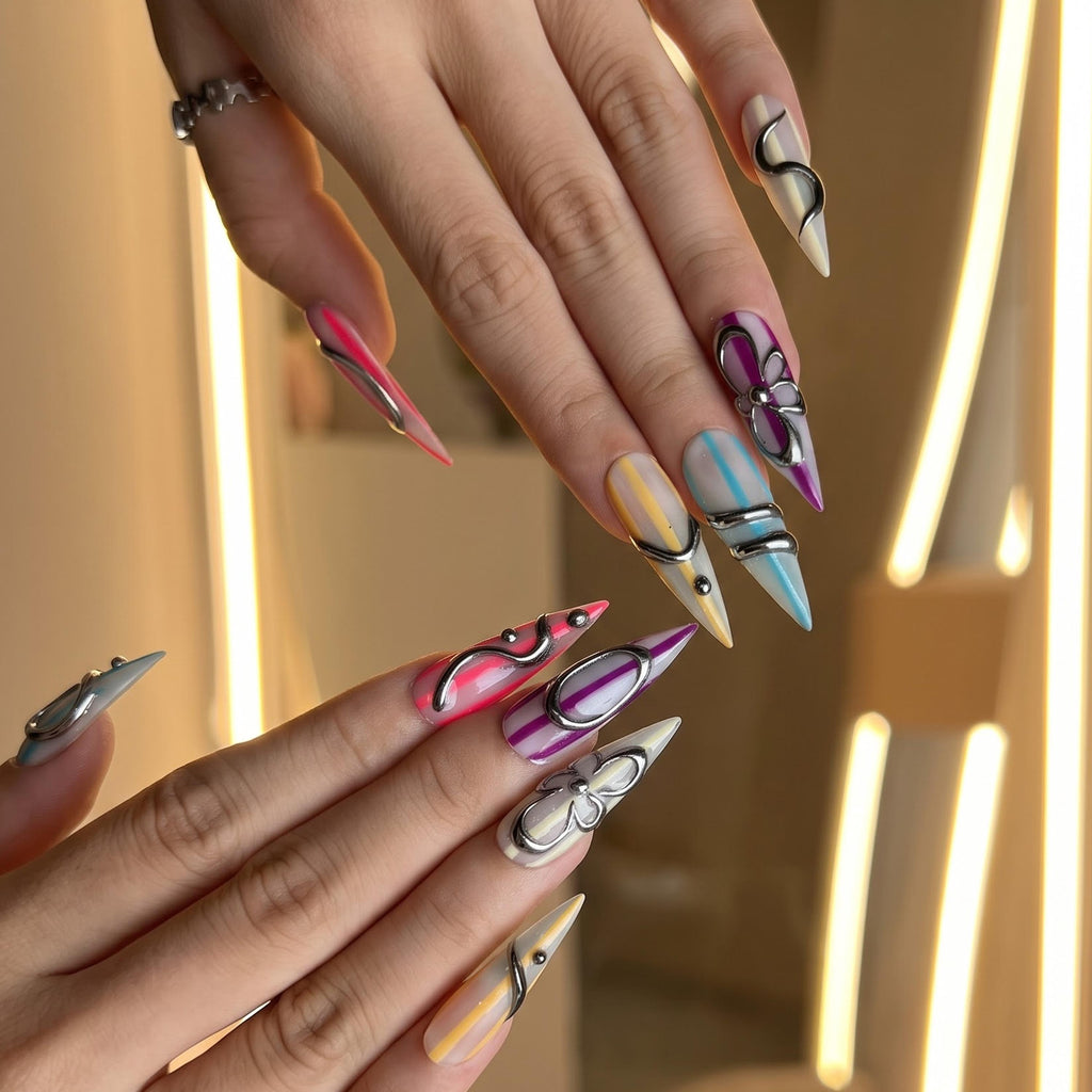 Silver Chrome Press On Nails with 3D Metallic Art , Purple Long Stiletto Nails , Futuristic Y2K Fake Nails for Party | JB493UC