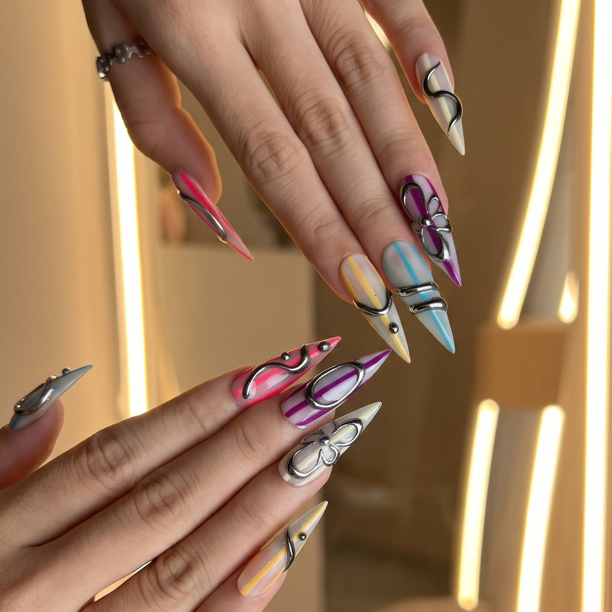 Silver Chrome Press On Nails with 3D Metallic Art , Purple Long Stiletto Nails , Futuristic Y2K Fake Nails for Party | JB493UC