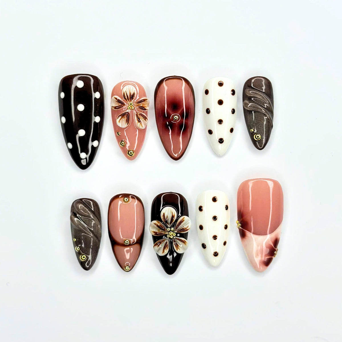 Autumn Floral Press On Nails with 3D Flower | Chocolate Brown Almond Nails | Vintage Botanical Nail Art for Fall, Thanksgiving | JB502UI