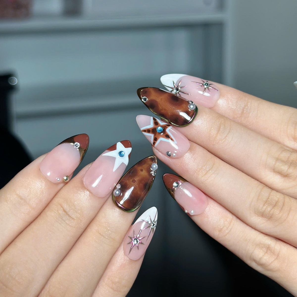 Y2K Press On Nails with Chrome Star Design | Brown Blue Rhinestone Nail Art | Retro Futuristic Handmade Nailst | JB522UC