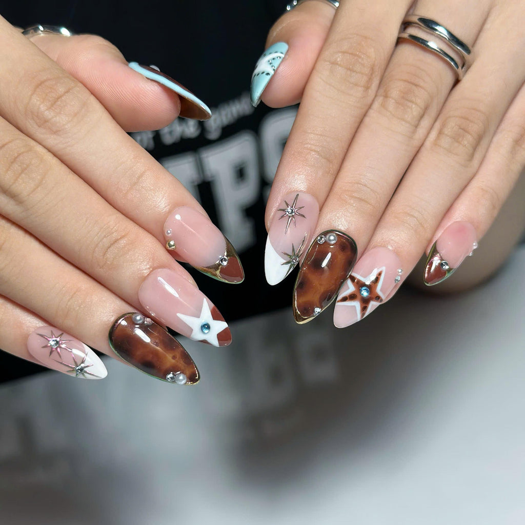 Y2K Press On Nails with Chrome Star Design | Brown Blue Rhinestone Nail Art | Retro Futuristic Handmade Nailst | JB522UC