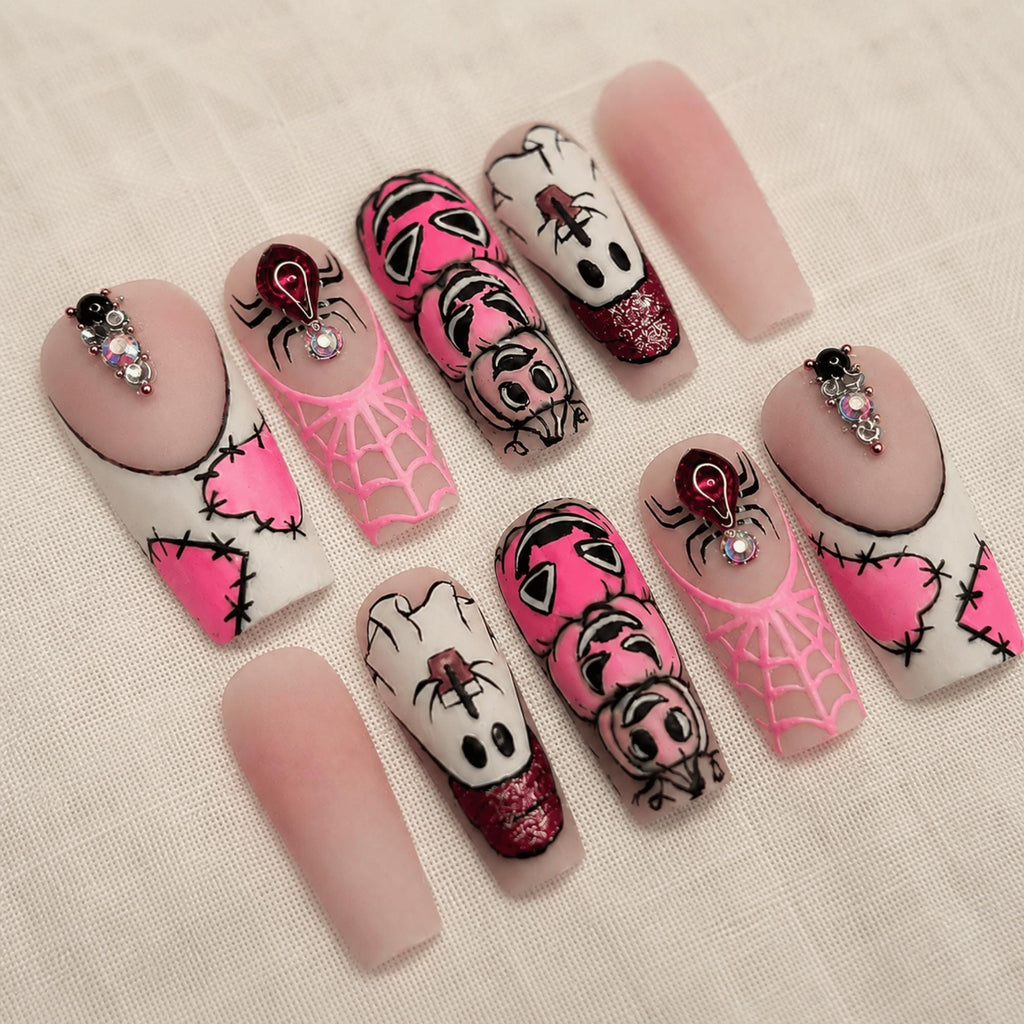 Pink Halloween Press On Nails, Gothic Spiderweb Nails, Creepy Cute Nail Art