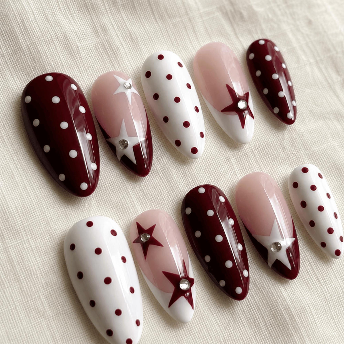 Retro Burgundy Press On Nails, Red Polka Dot Nails, Y2K Star Nail Set