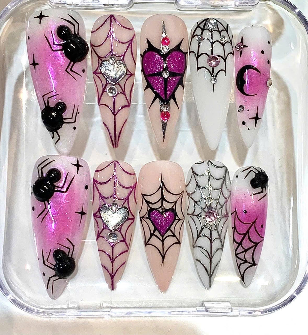 Pink Gothic Spider Web Press-On Nails, 3D Charm Stiletto Art (Set)