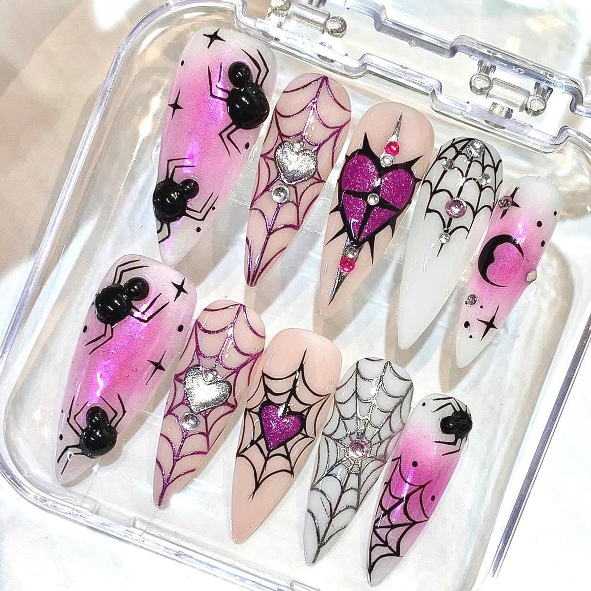 Pink Gothic Spider Web Press-On Nails, 3D Charm Stiletto Art (Set)