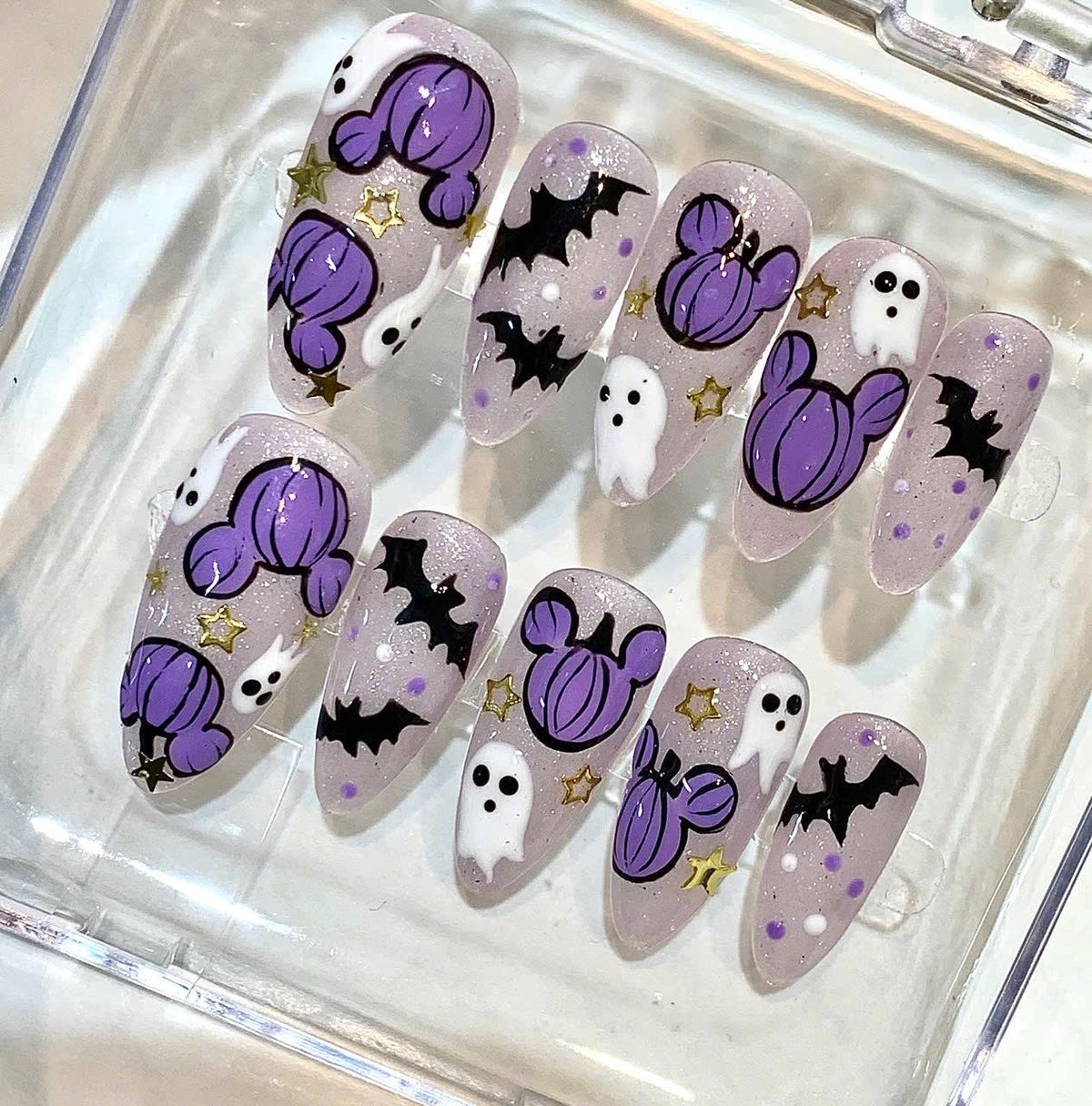 Purple Pumpkin Press-On Nails, Ghost Bat Art, Glitter Halloween Manicure