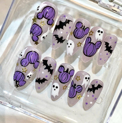 Purple Pumpkin Press-On Nails, Ghost Bat Art, Glitter Halloween Manicure