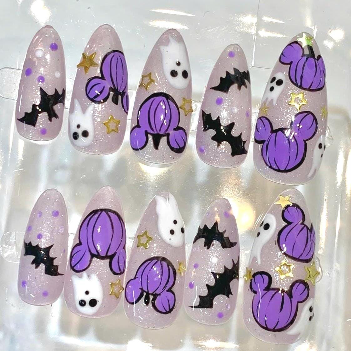 Purple Pumpkin Press-On Nails, Ghost Bat Art, Glitter Halloween Manicure