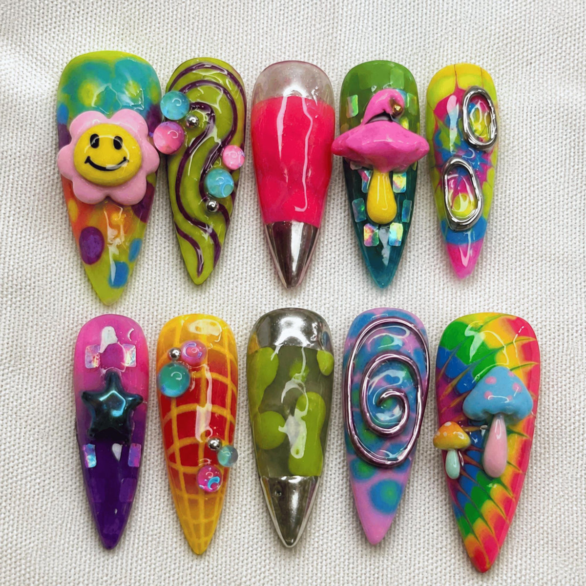 3D Colorful Funky Press On Nails, Y2K Maximalist Nail Set, Handmade Trippy Nails
