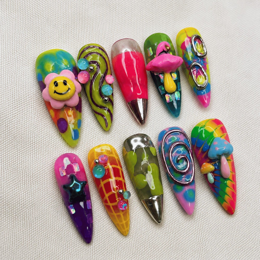 3D Colorful Funky Press On Nails, Y2K Maximalist Nail Set, Handmade Trippy Nails
