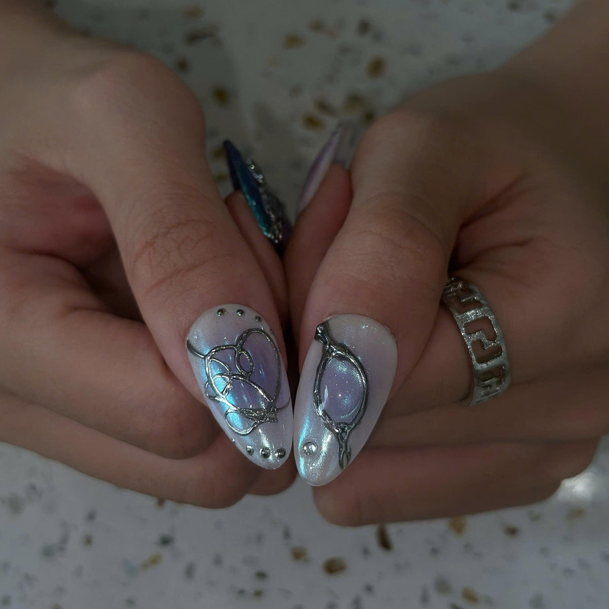 Kpop Press On Nails with Purple Aura & Silver Charms | 7 Member Inspired Chrome Nails | Korean Pop Concert Nails for Fan Gift | JB495UC