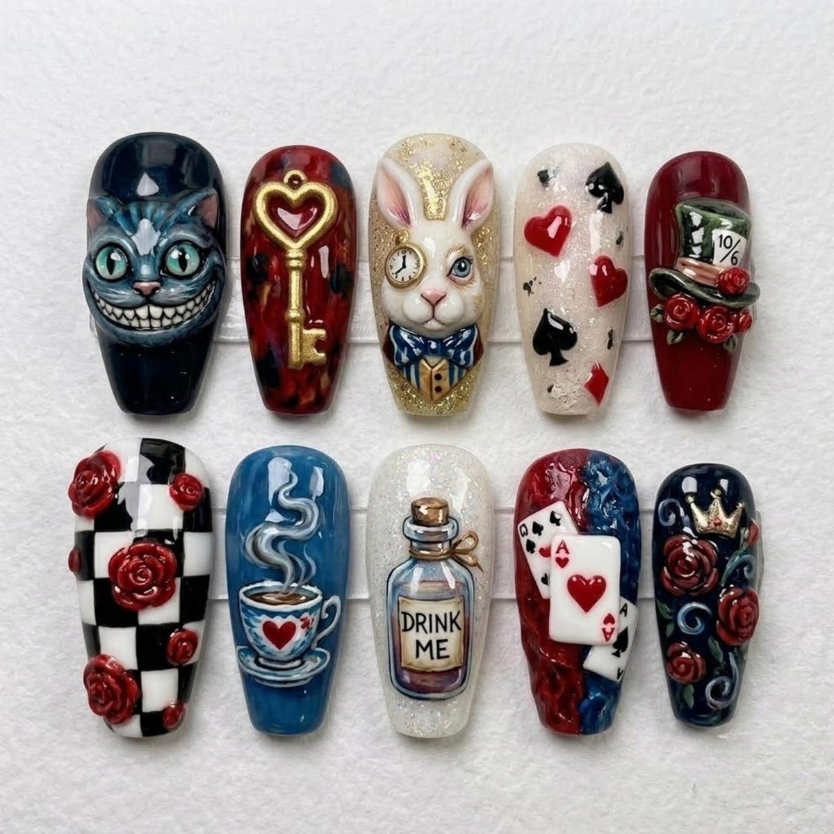 Alice in Wonderland Press On Nails | Mad Tea Party Magic | 3D Whimsical Coffin | Cheshire Cat Rabbit Nail | 3D Sculpted Art Nail
