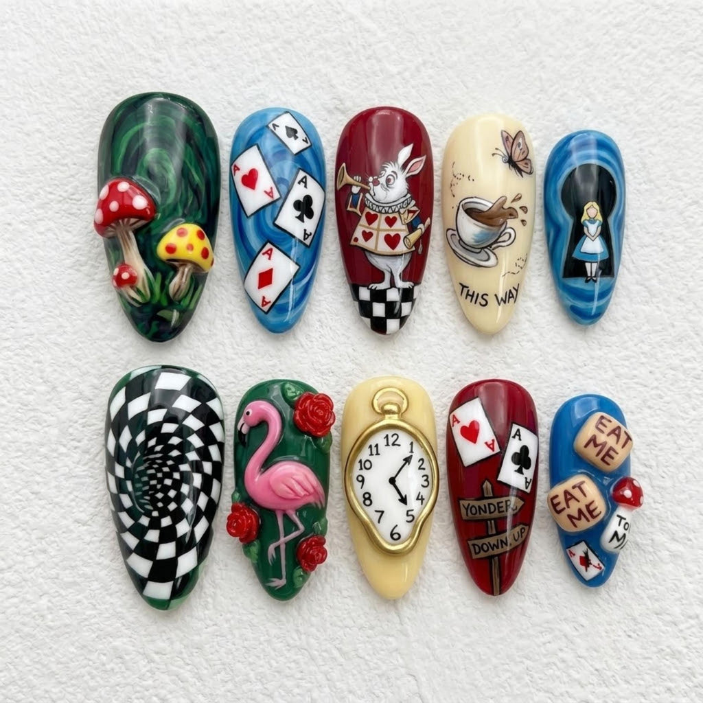 Alice Story Press On Nails | Magic Rabbit Hole | Quirky Stiletto | Checkerboard Nail | Hand Painted Nail