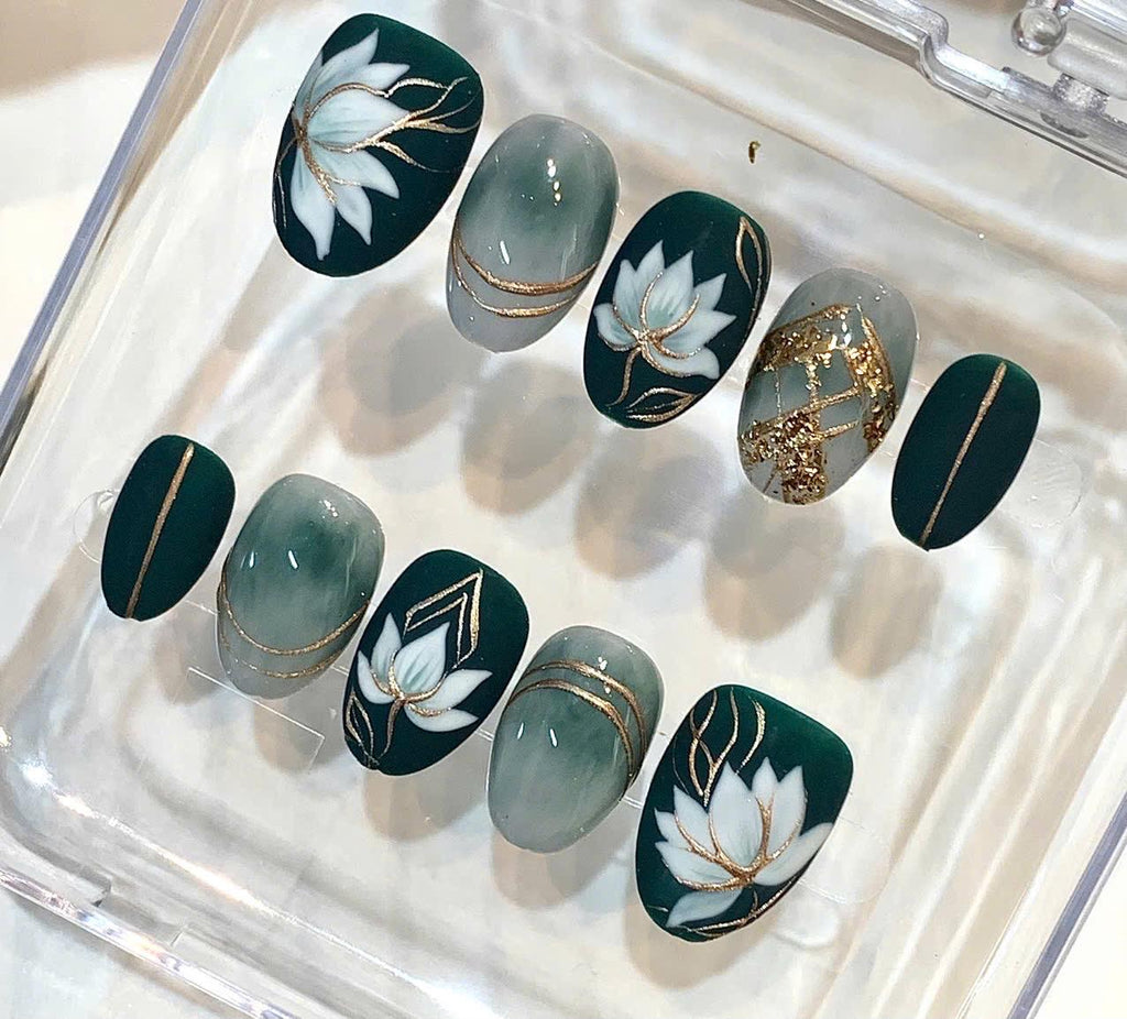 Emerald Green Lotus Press-On Nails, White Floral Gold Foil Set (Handmade)