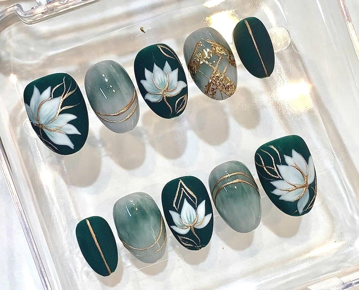 Emerald Green Lotus Press-On Nails, White Floral Gold Foil Set (Handmade)