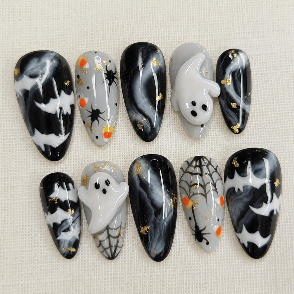 Spooky Ghost Press On Nails, 3D Spooky Spider Nail Set, Black Cute Cosplay Nails