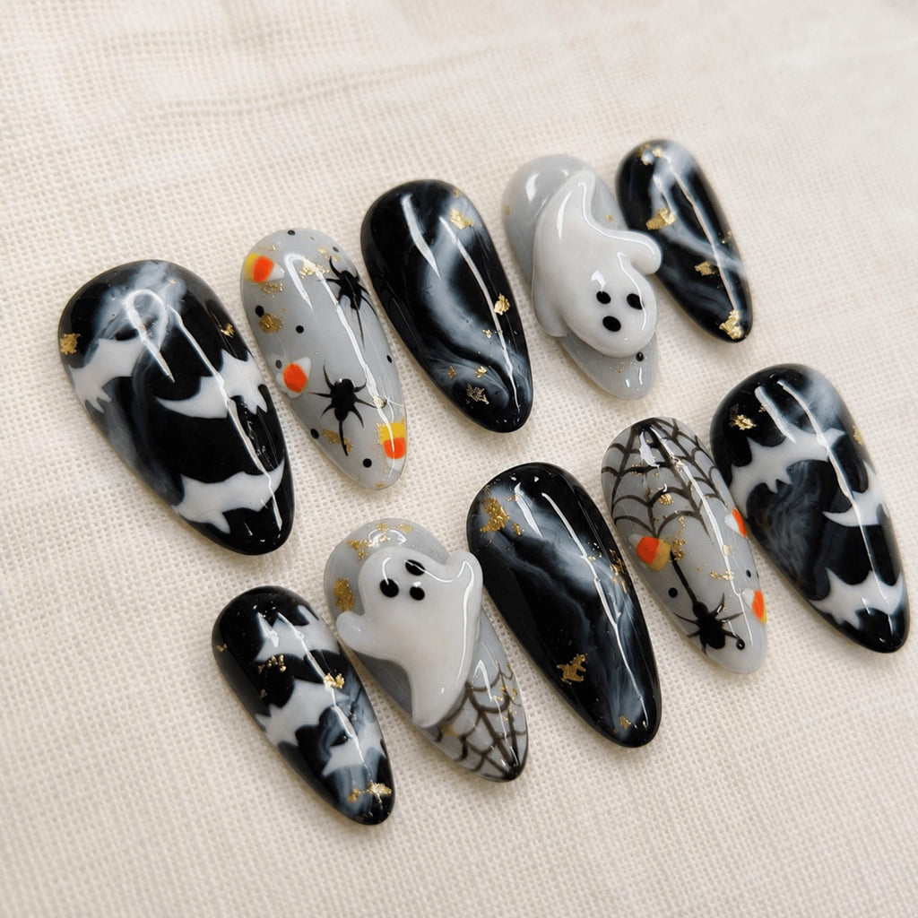 Spooky Ghost Press On Nails, 3D Spooky Spider Nail Set, Black Cute Cosplay Nails