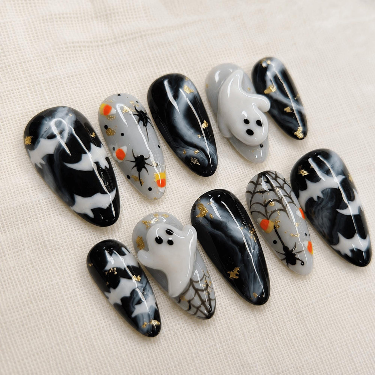 Spooky Ghost Press On Nails, 3D Spooky Spider Nail Set, Black Cute Cosplay Nails