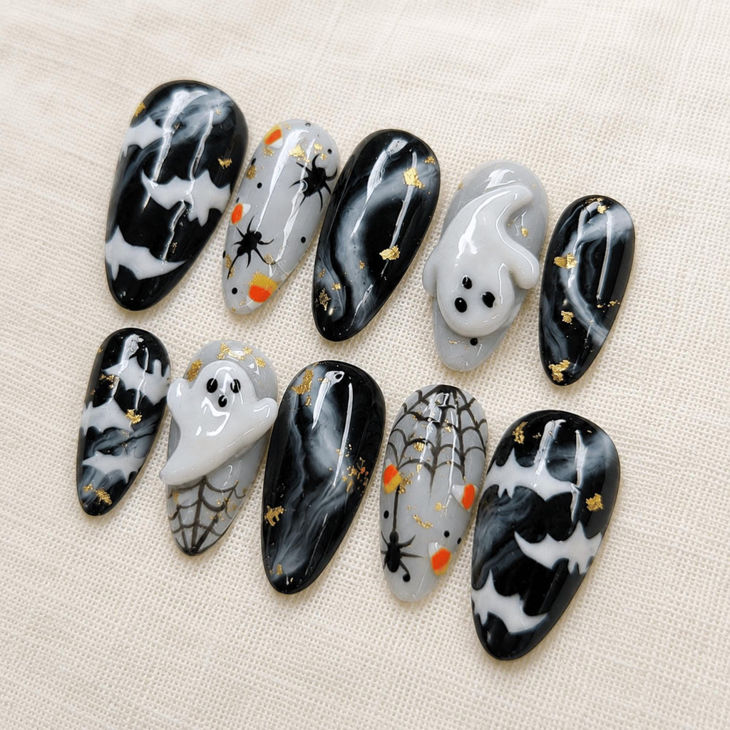Spooky Ghost Press On Nails, 3D Spooky Spider Nail Set, Black Cute Cosplay Nails
