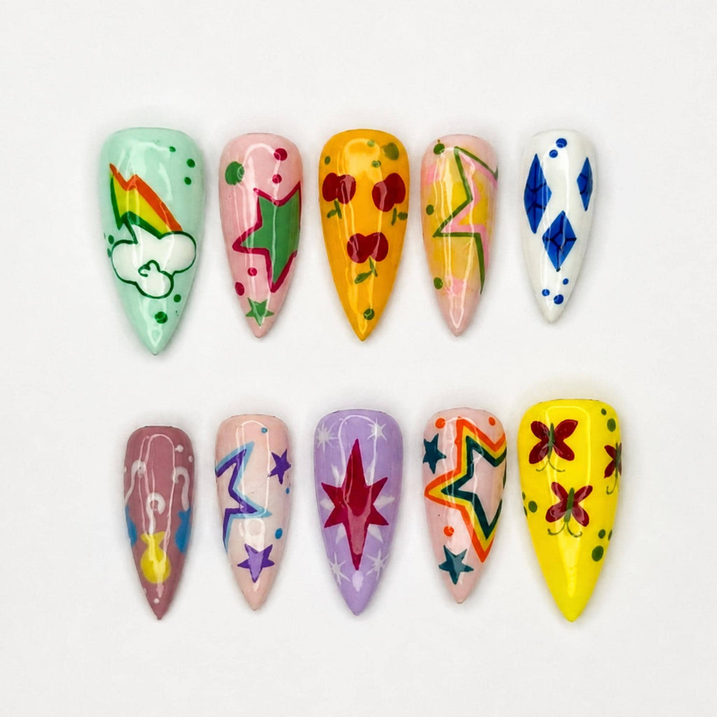 Colorful Press On Nails with Retro Star Art , Whimsical Hand Painted Nails , Funky Statement Nails for Trendy Gift  | JB527WC