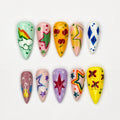Colorful Press On Nails with Retro Star Art , Whimsical Hand Painted Nails , Funky Statement Nails for Trendy Gift  | JB527WC