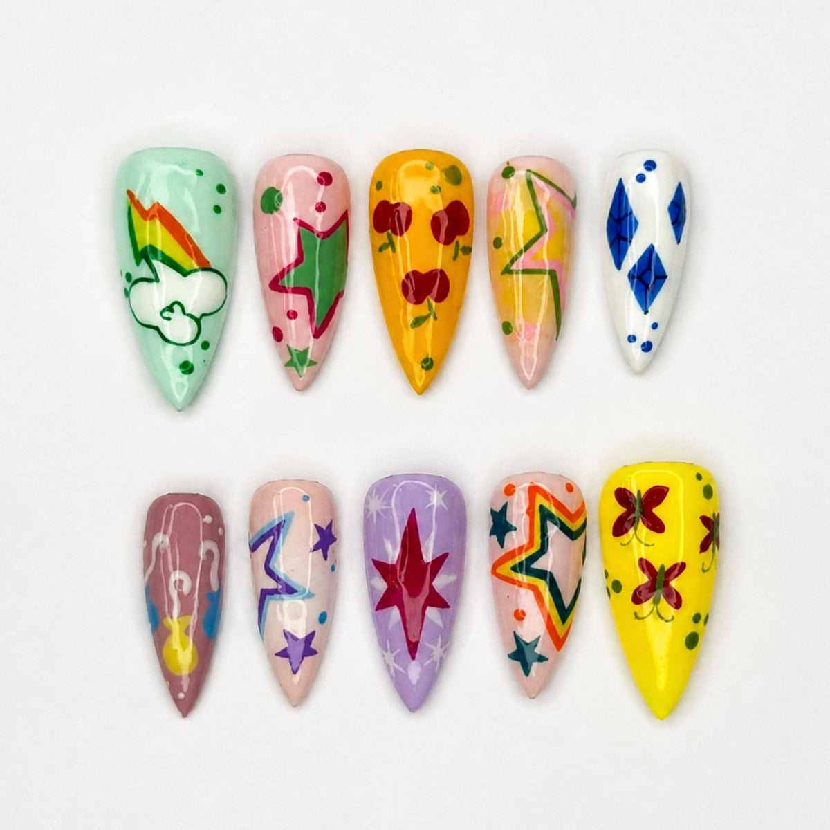 Colorful Press On Nails with Retro Star Art , Whimsical Hand Painted Nails , Funky Statement Nails for Trendy Gift  | JB527WC