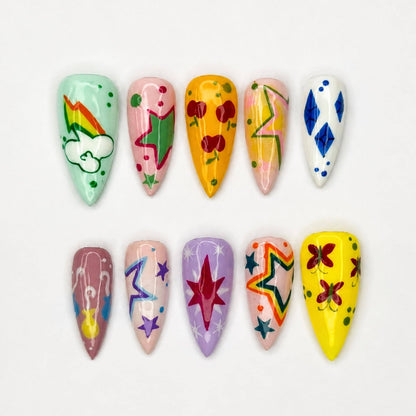 Colorful Press On Nails with Retro Star Art , Whimsical Hand Painted Nails , Funky Statement Nails for Trendy Gift  | JB527WC
