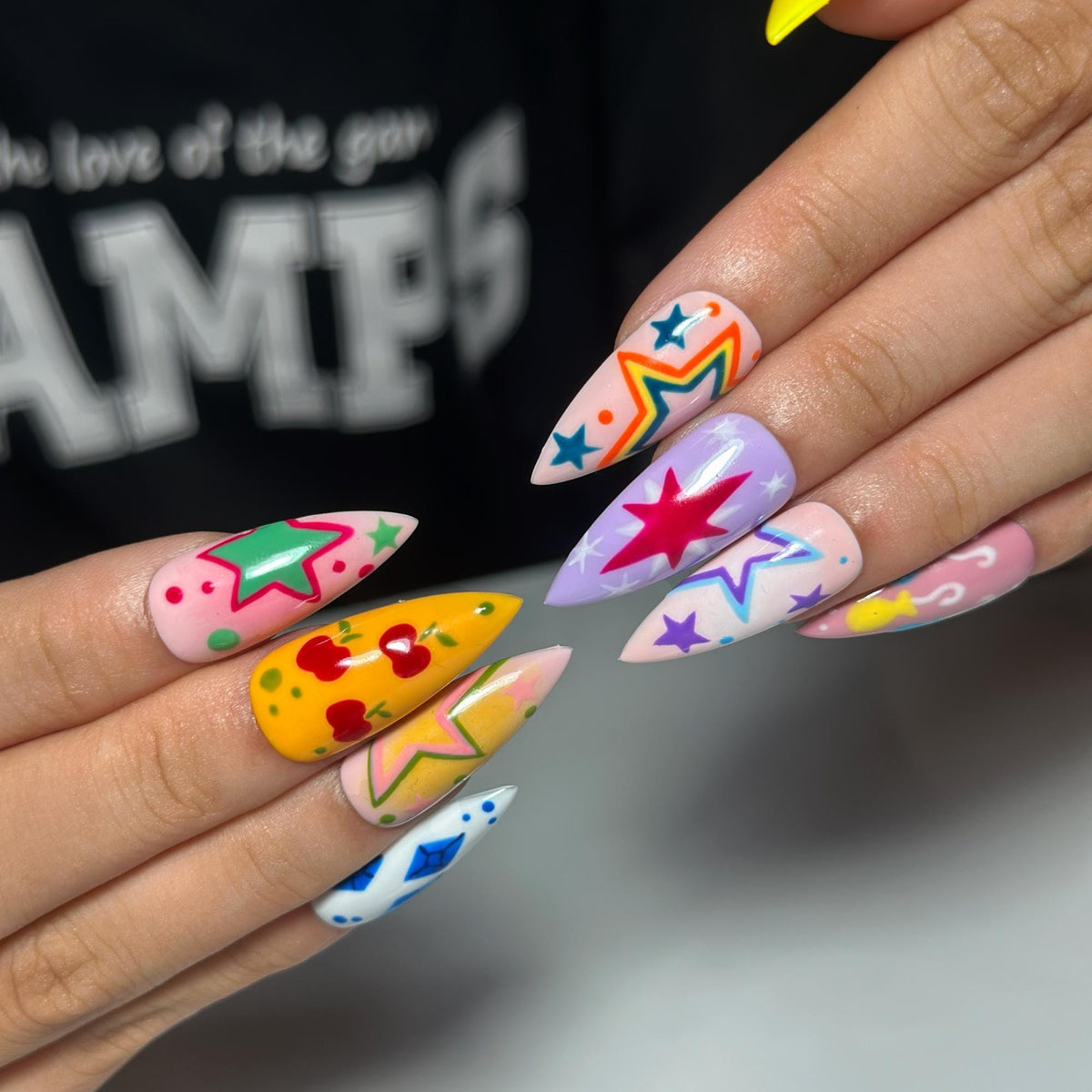 Colorful Press On Nails with Retro Star Art , Whimsical Hand Painted Nails , Funky Statement Nails for Trendy Gift  | JB527WC