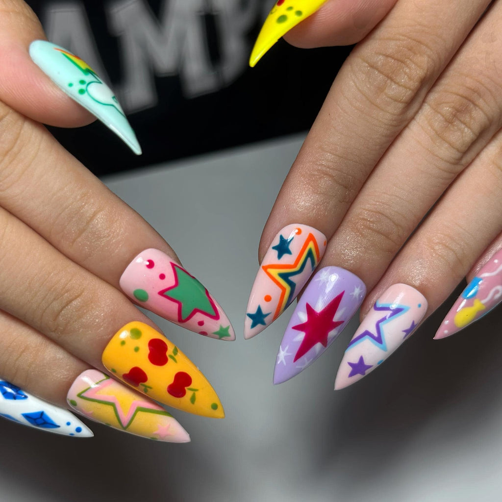 Colorful Press On Nails with Retro Star Art , Whimsical Hand Painted Nails , Funky Statement Nails for Trendy Gift  | JB527WC